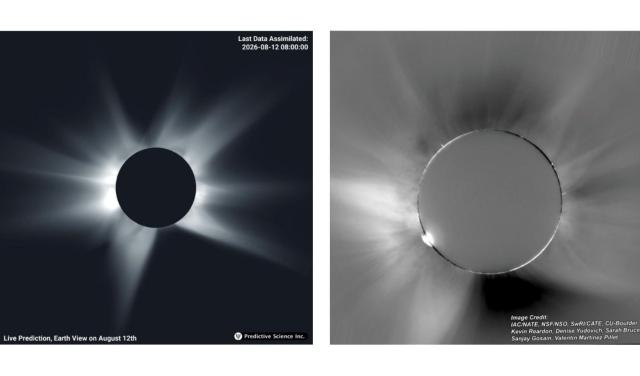 Simulation of the solar corona predicted for the August 12 eclipse, calculated using the La Palma supercomputer for the location of Palencia and the real image captured at Palencia for NATE. Credit: IAC / Predictive Science Inc. (PSI).