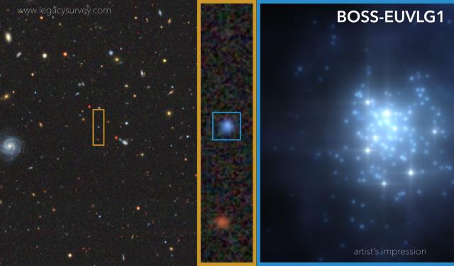 Left and centre: Image of the region of the sky containing BOSS-EUVLG1, which stands out due to its blue colour. Credit: DESI Legacy Imaging Surveys. Right: Artist`s drawing of the burst of star formation in BOSS-EUVLG1, which contains a large number of young massive stars, and hardly any dust. Credit: Gabriel Pérez Díaz, SMM (IAC). Left and centre: Image of the region of the sky containing BOSS-EUVLG1, which stands out due to its blue colour. Credit: DESI Legacy Imaging Surveys. Right: Artist`s drawing of the burst of star formation in BOSS-EUVLG1, which contains a large number of young massive stars, and hardly any dust. Credit: Gabriel Pérez Díaz, SMM (IAC).