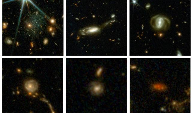 Nine galaxies taken from over 700,000 spanning all of cosmic time, from upper left to lower right: the present day universe, 3, 4, 8, 9, 10, 11, 12 and 13 billion years ago