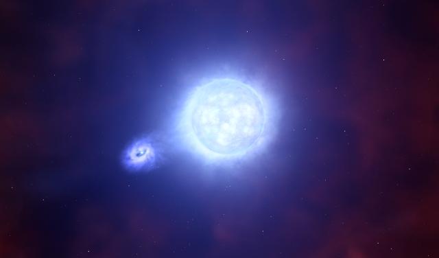 Recreación artística de un sistema binario en el que una estrella compacta roba materia de su compañera. Crédito: ESO/L. Calçada