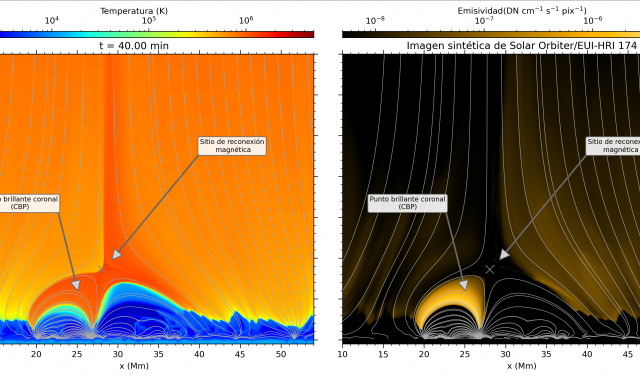 Contexto del modelo a través de un mapa de la temperatura (izquierda) y una imagen sintética de cómo se vería en el extremo ultravioleta con la misión Solar Orbiter/EUI-HRI 174 (derecha)