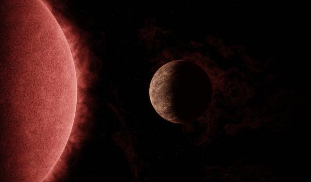 An artist’s concept of the exoplanet SPECULOOS-3 b orbiting its red dwarf star. The planet is as big around as Earth, while its star is slightly bigger than Jupiter – but much more massive. Credit: NASA/JPL-Caltech