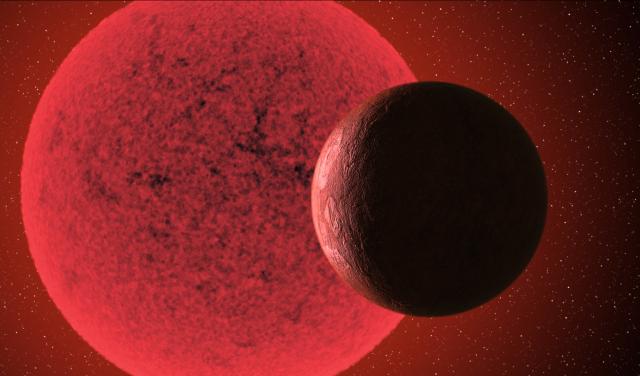 Artistic impression of the super-Earth in orbit round the red dwarf star GJ-740. Credit: Gabriel Pérez Díaz, SMM (IAC).
