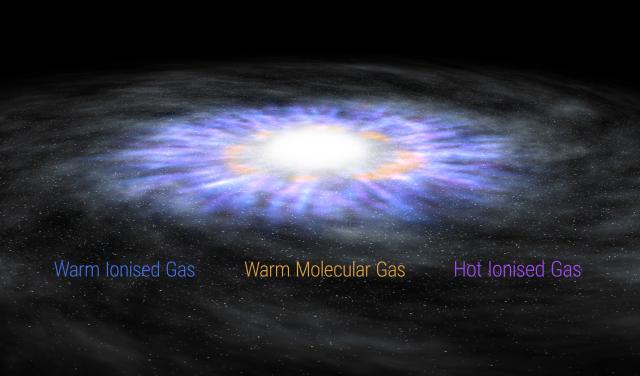 Ilustración artística que muestra los vientos ionizados templado y caliente y el gas molecular templado rotando en una galaxia con un AGN. Crédito: Gabriel Pérez Díaz (IAC).