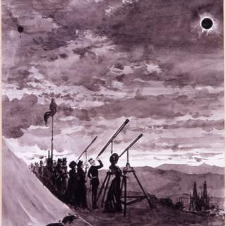 El Rey Alfonso XIII junto con la Familia Real observando el eclipse en Burgos. Grabado de Marceliano Santa María. 1905. Archivo Municipal de Burgos.
