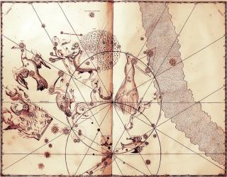 Grabado de Uranometría (edición de 1661) de Johannes Bayer con 12 nuevas constelaciones del hemisferio sur. Imagen cortesía del Departamento de Historia de la Ciencia de la Universidad de Oklahoma (EEUU).