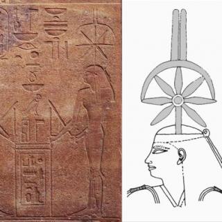 La “rey” Hatshepsut y Seshat tensando la cuerda en Karnak e imagen de la diosa con su signo jeroglífico sobre la cabeza. Crédito: Juan Antonio Belmonte.
