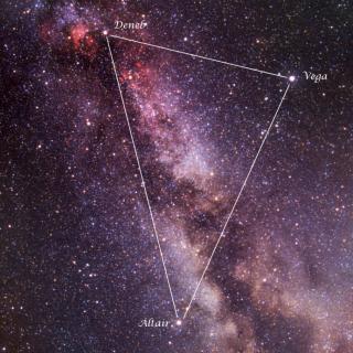 Las tres estrellas del Triángulo de Verano sobre una imagen de Vicent Peris. Crédito: Banco de Imágenes del Instituto de Astrofísica de Canarias (IAC).