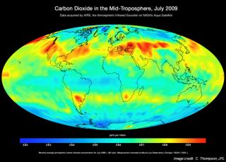 Mapa de la cantidad de CO2 en la troposfera media en julio de 2009. Crédito: C. Thompson, JPL. Mapa de la cantidad de CO2 en la troposfera media en julio de 2009. Crédito: C. Thompson, JPL.