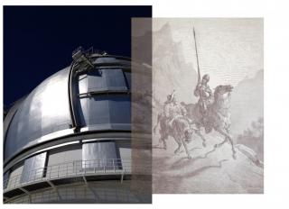 Cúpula del Gran Telescopio Canarias (GTC) e ilustración de Gustavo Doré para una edición antigua de la obra Don Quijote de la Mancha. (Episodios de su vida dedicados a los niños). Fotos: Carmen del Puerto (IAC).
