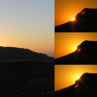 Amanecer desde el santuario ibérico de El Amarejo (Bonete, Albacete) el equinoccio de otoño de 2004. La foto de la izquierda muestra una vista general de la montaña que domina el horizonte oriental del yacimiento justo en el momento en que aparecen los primeros rayos del Sol. Las tres fotos de la derecha muestran diferentes instantes en la trayectoria solar tangente a la ladera norte de la montaña (el tiempo transcurre de arriba hacia abajo). Fotos: César Esteban.