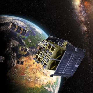 Imagen simulada de una cápsula liberando nanosatélites independientes en el espacio