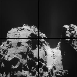 Imagen a alta resolución del 67P/Churyumov-Gerasimenko tomada por NavCam. La imagen contiene varios aspectos interesantes del núcleo cometario. En primer lugar muestra una estructura segmentada formada por dos lóbulos probablemente unidos por gravedad. En el acantilado se observan pequeñas rocas cuyo origen puede encontrarse en algún chorro o jet cercano. De hecho en el mismo acantilado puede adivinarse emisión gaseosa de un incipiente jet. Crédito: ESA.