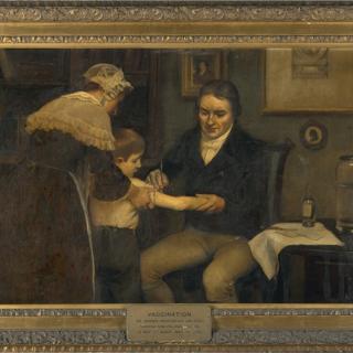 Cuadro que muestra a Edward Jenner, realizando su primera vacunación en James Phipps, un niño de 8 años, el 14 de mayo de 1796. Pintura de Ernest Board (1877-1934). 