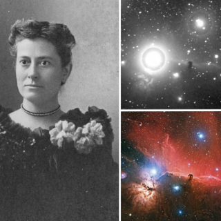 “Williamina Fleming hacia 1890 junto al sector de la placa, de 1888, en la que por primera vez identificó la nebulosa Cabeza de Caballo y una toma reciente del mismo campo (grupo de astrofotografía del IAC, 2012)”