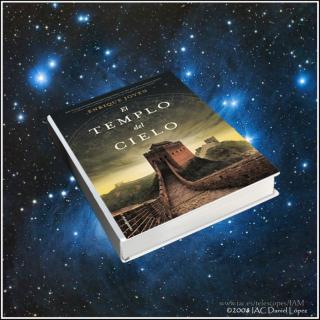 Montaje artístico con la portada del libro “El Templo del Cielo”, escrito por Enrique Joven (IAC) y editado por Roca Editorial, sobre una imagen del cúmulo de las Pléyades, obtenida por Daniel López/IAC, con el telescopio IAC-80, en el Observatorio del Teide, en abril de 2008, en el marco del proyecto Imagen Astronómica del Mes.