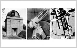 Torre y cúpula (izquierda) del telescopio solar (centro) de 16 pulgadas de apertura de la Universidad de Oxford. Créditos: H.H. Plaskett. Royal Astronomical Society. NASA Astrophysics Data System. Publicación en Monthly Notice of R.A.S. Vol. 115, Plate 8. A la derecha, intensificador de imagen “Lallemand”, del Observatorio de París.