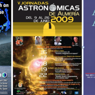 De izquierda a derecha, cartel del congreso “Senderos a través de un universo ecléctico”, cartel de las V Jornadas Astronómicas de Almería 2009 y portada de un ejemplar de la revista Astronomy & Astrophysics de 2005.