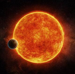 An artist’s impression of the newly-discovered rocky exoplanet, LHS 1140b. This planet is located in the liquid water habitable zone surrounding its host star, a small, faint red star named LHS 1140. The planet weighs about 6.6 times the mass of Earth and