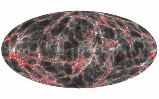 Sky projection of all galaxies observed in the 2MRS (Two Micron Redshift Survey) catalog (red symbols) at distances of 170 to 280 million light-years and the reconstructed underlying dark matter cosmic web (grey scale) using Big Data techniques. Sky projection of all galaxies observed in the 2MRS (Two Micron Redshift Survey) catalog (red symbols) at distances of 170 to 280 million light-years and the reconstructed underlying dark matter cosmic web (grey scale) using Big Data techniques.