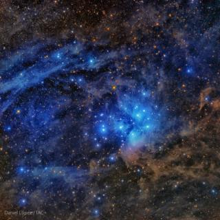Image 1: Photo centered on the Pleiades star cluster in the constellation of Taurus, obtained with the Teide Astrograph of UC3 from the Teide Observatory (Izaña, Tenerife) which covers a wide field on the sky, equivalent to one hundred diameters of the mo Image 1: Photo centered on the Pleiades star cluster in the constellation of Taurus, obtained with the Teide Astrograph of UC3 from the Teide Observatory (Izaña, Tenerife) which covers a wide field on the sky, equivalent to one hundred diameters of the mo