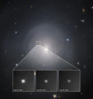 NGC 4993 galaxy and position of GW170817, two merging neutron stars. Credti: Hubble Space Telescope.