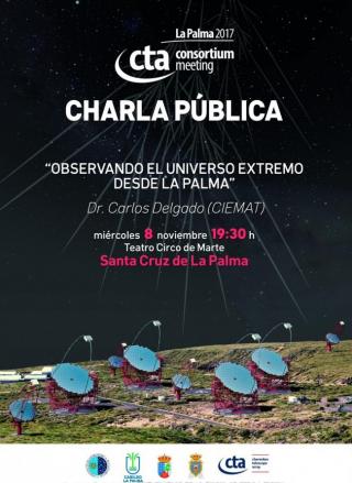 Poster of the public talk "Observing the Extreme Universe from La Palma". Credits: Gabriel Pérez, SMM (IAC).