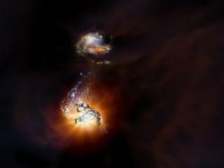  Impresión artística de dos galaxias formando estrellas a gran velocidad, próximas a fusionarse en el universo temprano. Crédito: NRAO/AUI/NSF