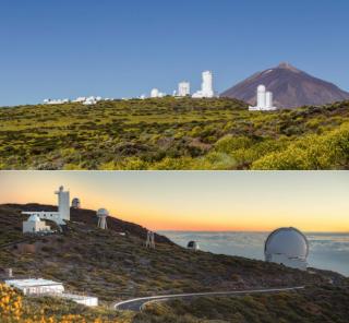 Observatorios del Teide (arriba) y del Roque de los Muchachos (abajo). Crédito: Daniel López y Pablo Bonet /IAC.  