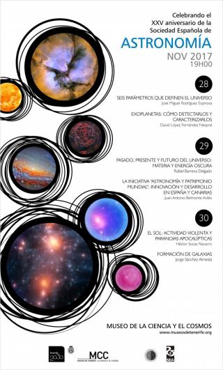 Cartel de las charlas que se celebrarán en el Museo de la Ciencia y el Cosmos con motivo del XXV Aniversario de la SEA. Crédito: Museo de la Ciencia y el Cosmos, de Museos de Tenerife. Cartel de las charlas que se celebrarán en el Museo de la Ciencia y el Cosmos con motivo del XXV Aniversario de la SEA. Crédito: Museo de la Ciencia y el Cosmos, de Museos de Tenerife.