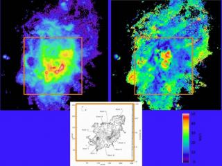 First observational data from the new NEFER module on the GTC. Upper left: Integrated image in emission by ionized interstellar hydrogen surrounding NGC 604, a cluster of massive young stars in Local Group galaxy M33, at a distance of 2,700 million light 