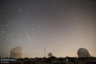 Meteors recorded at the Teide Observatory of the IAC between 06:13h and 06:38h UT (local Canary Island Time), on the 4th of January 2017. The brightest star, to the left, is Procyon (In Canis Minor), with Castor and Pollux (in Gemini) almost in the centre