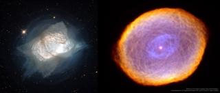 Images of the planetary nebula NGC 7027 (left) and IC 418 or Spirograph nebula (right) where infrared emission features have been detected, confirming the presence of very heavy elements. Credit: NGC 7027: Hubble Legacy Archive, ESA, NASA. Processed by: D