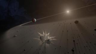 This artist's rendering shows a disk of dust and planetary fragments around a star. Credit: NASA/JPL-Caltech. 