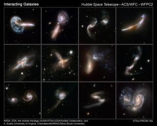 Several examples of massive galaxies merging. Credits: NASA, ESA, the Hubble Heritage and Collaboration, and A. Evans.
