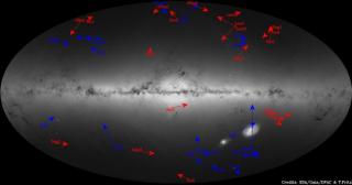 Movimientos de las 39 galaxias enanas. Como fondo se muestra la imagen construida a partir de fuentes puntuales de Gaia. En ella solo se pueden apreciar las galaxias enanas más brillantes, y aun así son apenas visibles. Las galaxias están etiquetadas por 12009