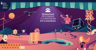 Cartel Semanas de la Ciencia y la Innovación 2024 Cartel que muestra diferentes objetos de tecnología moderna, como satélites y drones sobre un paisaje volcánico