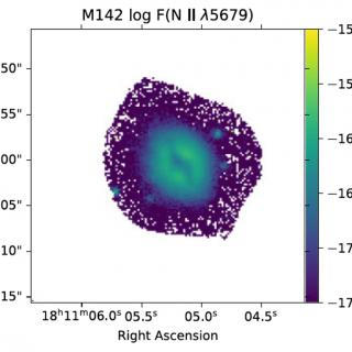 Left panel: spatial distribution of the auroral [N II] λ5755 emission line in the PN M 1-42 prior to applying the recombination contribution. Middle panel: spatial distribution of the N II λ5679 recombination line. Right panel: same as left panel after applying the recombination contribution correction.