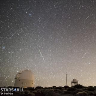 Meteors registered at the Teide Observatory (IAC) between 06:13 h and 06: 38 h UT (Local Canary time) on 4th January 2107. The brightest star to the left is Procyon (alpha Canis Minoris) while Castor and Pollux (alpha and beta Geminis respectively) are almost in the centre. The cluster which in the upper part of the picture is Praesepe (the Beehive) in the constellation of Cancer. Most of the meteors recorded are Cuandrantids. Meteoros registered at the Teide Observatory the 4th January 2107