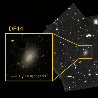 Imagen y ampliación (a color) de la galaxia ultra-difusa Dragonfly 44 tomada por el telescopio espacial Hubble. Muchos de los puntos sobre la galaxia se corresponden a los cúmulos globulares estudiados en este trabajo para explorar la distribución de materia oscura. La galaxia es tan tenue que pueden verse otras galaxias situadas por detrás de ella. Crédito: Teymoor Saifollahi y NASA/HST. Imagen y ampliación (a color) de la galaxia ultra-difusa Dragonfly 44 tomada por el telescopio espacial Hubble. Muchos de los puntos sobre la galaxia se corresponden a los cúmulos globulares estudiados en este trabajo para explorar la distribución de materia oscura. La galaxia es tan tenue que pueden verse otras galaxias situadas por detrás de ella. Crédito: Teymoor Saifollahi y NASA/HST.