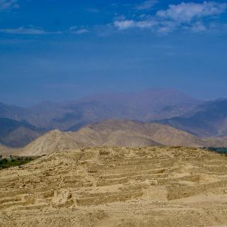 One of the main pyramidal buildings of the central square of Caral, whose major axis is oriented parallel to the Supe river, and towards the major southern lunastice. Credit: A. César González-García (Incipit-CSIC).