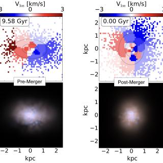 Mostramos la galaxia, antes de la fusión (izquierda) y después (derecha). El campo de velocidades (arriba) se alinea con el eje mayor de la galaxia después de la fusión. En los paneles inferiores mostramos un renderizado de la galaxia. 