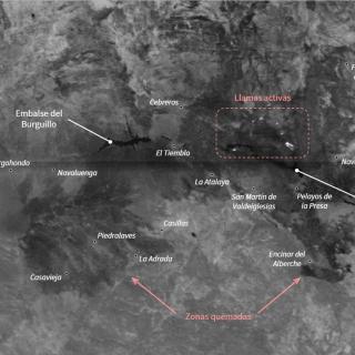 Grayscale DRAGO-2 image showing two SWIR bands of the Ávila and Madrid wildfires, with active flames appearing as bright points and burned areas in darker tones.