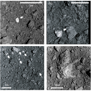 Imágenes de alta resolución de las rocas brillantes (flechas) durante las operaciones de proximidad de Hayabusa2. Las imágenes obtenidas durante la operación de la primera recogida de muestras (a-c) muestran fragmentos brillantes más pequeños dispersos por la superficie (adaptado de Figura 1 de Tatsumi et al. 2021).