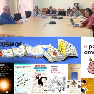 Miembros del Comité Científico Evaluador y libros participantes en la deliberación del Premio Cosmos 2026, celebrada en la Academia de Ciencias Matemáticas, Exactas, Físicas y Naturales de Madrid.