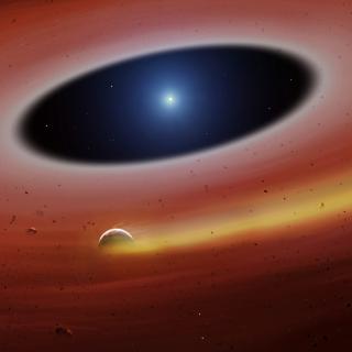 Restos de un planeta dentro del disco de escombros que orbita alrededor de una enana blanca Representación artística de un fragmento planetario orbitando a la estrella SDSS J122859.93+104032.9, dejando una estela de gas tras él. Crédito: University of Warwick/Mark Garlick.