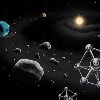 Illustration of the formation of a planet round a star similar to the Sun, with rocks and iron molecules, the basic components of planets, in the foreground. Credit: Tania Cunha (Planetário do Porto - Centro Ciência Viva & Instituto de Astrofísica e Ciências do Espaço).