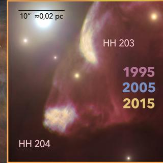 View of HH204, a Herbig-Haro object in the Orion Nebula. The left panel shows the Orion Nebula observed with the Hubble Space Telescope, picking out the area around HH204. In the right panel, we can see in detail the structure of HH204 and of its apparent companion, HH203. In this panel, the images by the Hubble Space Telescope taken during 20 years and artificially highlighted with different colours show the advance of the jets of gas through the Orion Nebula. Credit: Gabriel Pérez Díaz, SMM (IAC).