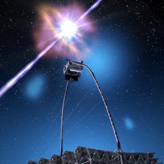 Representación artística del estallido de rayos gamma GRB 190114C, detectado por los telescopios MAGIC en enero de 2019. Este descubrimiento desvela, por primera vez, la componente más energética de los estallidos de rayos gamma. Crédito: Gabriel Pérez Díaz (IAC).
