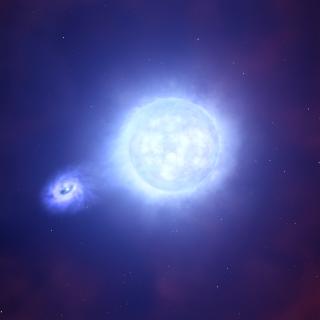 Artist's impression of a binary system in which a compact star steals matter from its companion. Credit: ESO/L. Calçada